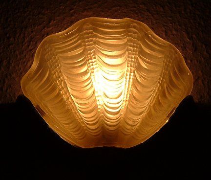03 Lampshade - light on
One of a pair, chrome mounts, frosted white glass shade. Unknown maker. Believed to be 1920's/30's.
