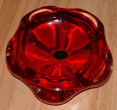 Unknown heavy cased red glass bowl
With "Sixtrees London New York Crafted in Taiwan" paper label. Red glass cased with clear. Sixtrees appears to be an importer/collection name rather than a maker. http://www.sixtrees.com/

This bowl is a dead ringer for Whitefriars pattern 9408.
Keywords: Sixtrees Taiwan China