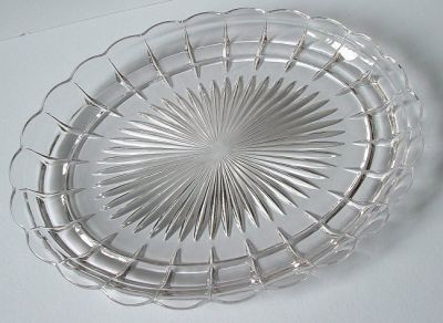 Oval pressed glass tray
Unknown maker
Keywords: pressed