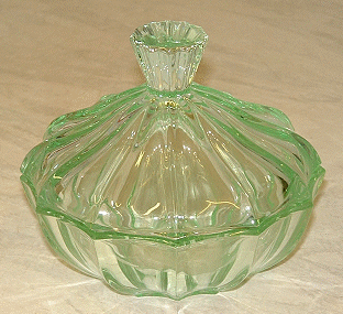 Green glass powder bowl
Unknown maker
Keywords: pressed
