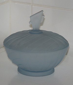 Satin blue powder bowl
Unknown maker, possibly Czech
Keywords: pressed