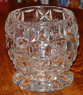 Libochovice 1466 glass vase
Matches cut glass bonbon dish in Bowls and Dishes.

Now known not to be a vase but the bottom of a cracker container! 

Identification courtesy of Marcus Newhall, [url=http://www.sklounion.com]Sklo Union Art Before Industry: 20th Century Czech Pressed Glass[/url] BUY HIS NEW BOOK NOW! :)
Keywords: Libochovice Czech pressed