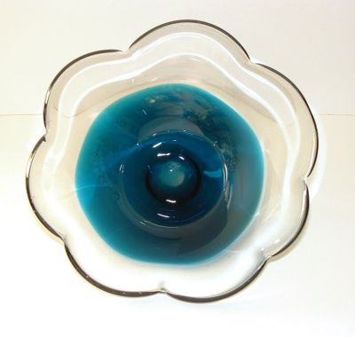 Unknown clear and teal scalloped edge bowl
