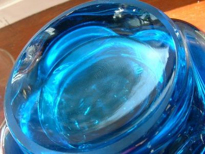 Rosice (Sklo Union) blue glass dish - base
Rudolf Jurnikl for Rosice, pattern number 1145

Identified by Marcus Newhall [url]http://www.sklounion.com[/url]
Keywords: Czech Sklounion