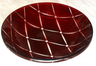 Chance Ruby Intaglio bowl
22 cm diameter, 5 cm deep, ruby cut to clear

See David P Encill's website [url]http://www.chanceglass.net[/url]
Keywords: Chance Slumped Intaglio England