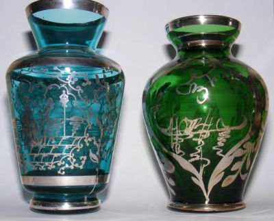 Italian silver overlay vases
The peacock blue one has a Pauly and Cie label

